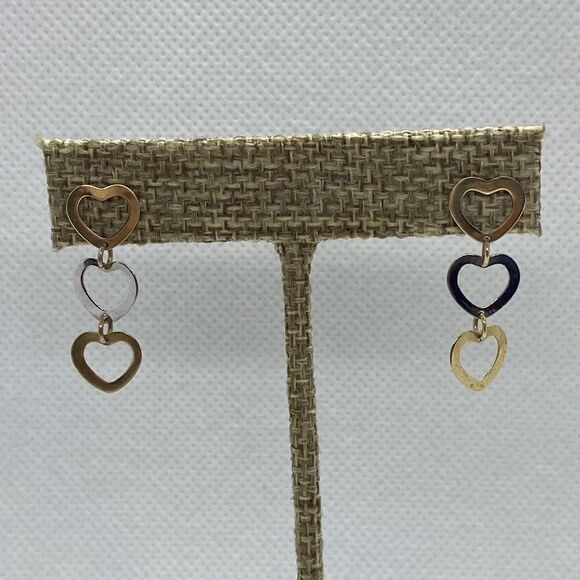 💛 10k Yellow Gold 3 Heart Dangle Earrings - Picture 3 of 3